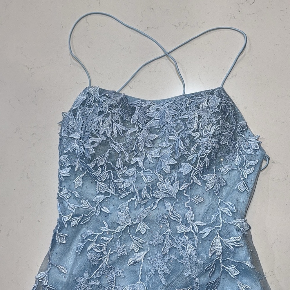 Trumpet/Mermaid Scoop Neck Lace Tulle Sweep Train Appliques Prom Dress Size 0 - Picture 5 of 14